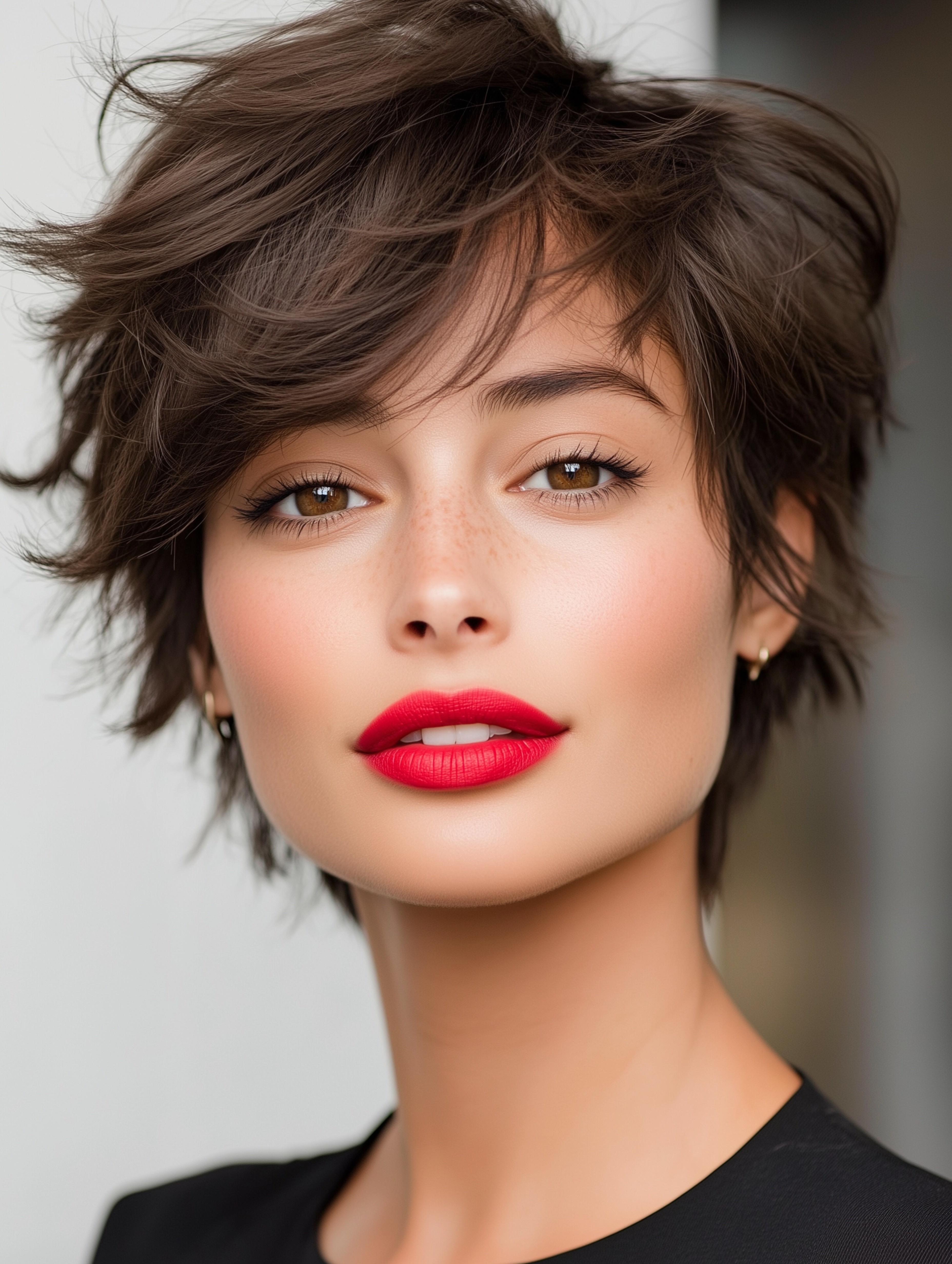 A person with short brown hair and red lipstickAI-generated content may be incorrect.