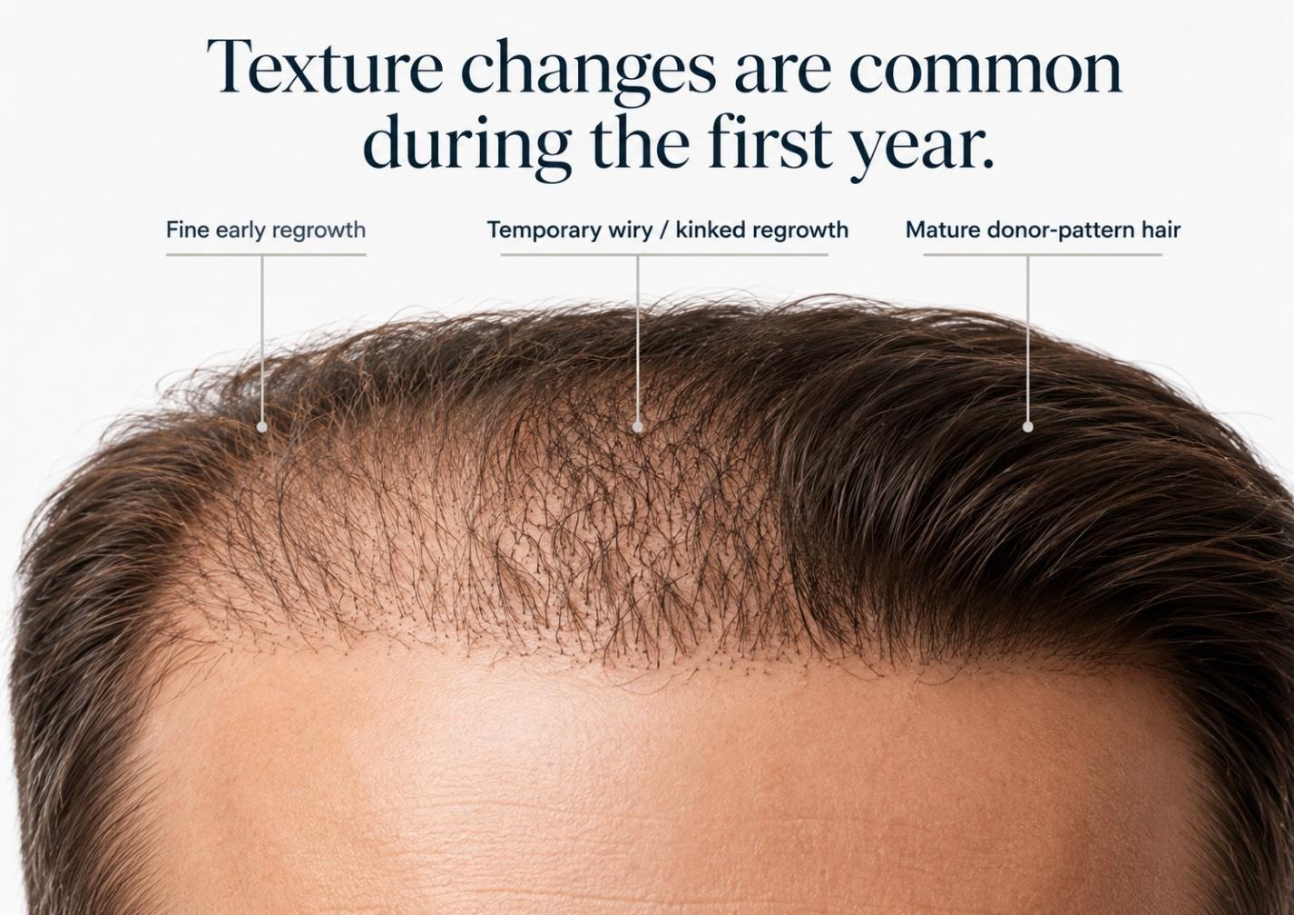 Medical illustration showing fine early transplanted hair regrowth, temporary wiry or kinked regrowth, and mature donor-pattern hair texture.
