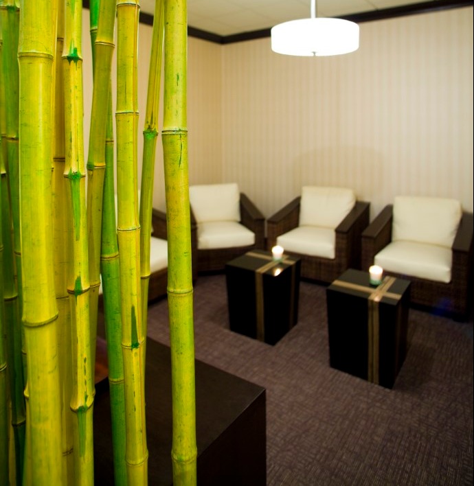 Pyara Burlington Spa waiting and relaxation area with Aveda tea and water.